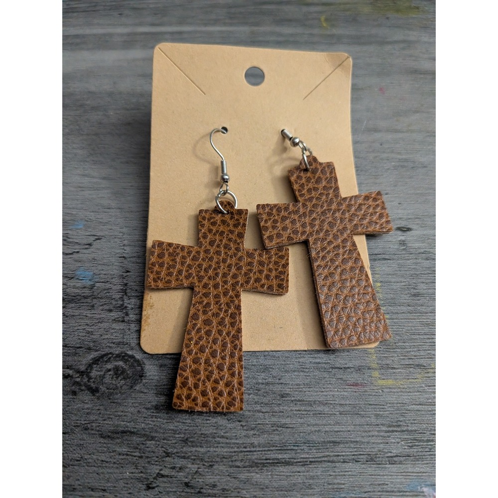 Handmade Faux Leather Cross Dangle Earrings Brown Pebble Grain Western Religious